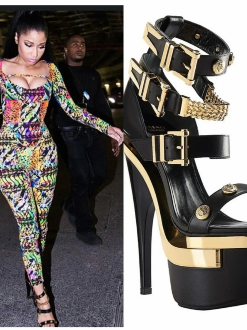 Versace Black and Gold Leather Triple Platform Medusa size 7.5/8 US